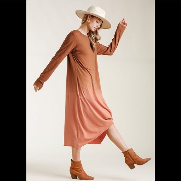 Umgee Navy & Green Ombre Front Knot Detail Long Sleeve Midi Dress - Picture 4 of 6